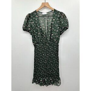 Isalis Green Floral Smocked Mini Dress With Puff Sleeves & Ruffle Hemline